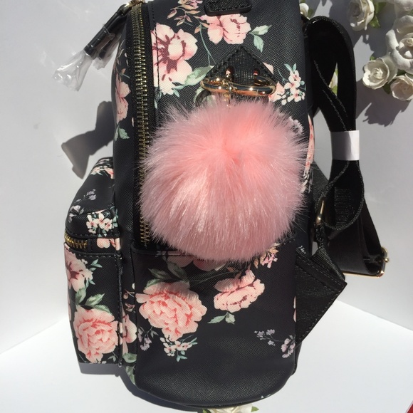 Black & Pink Floral Backpack + Pink Bag Accessory - Picture 2 of 3